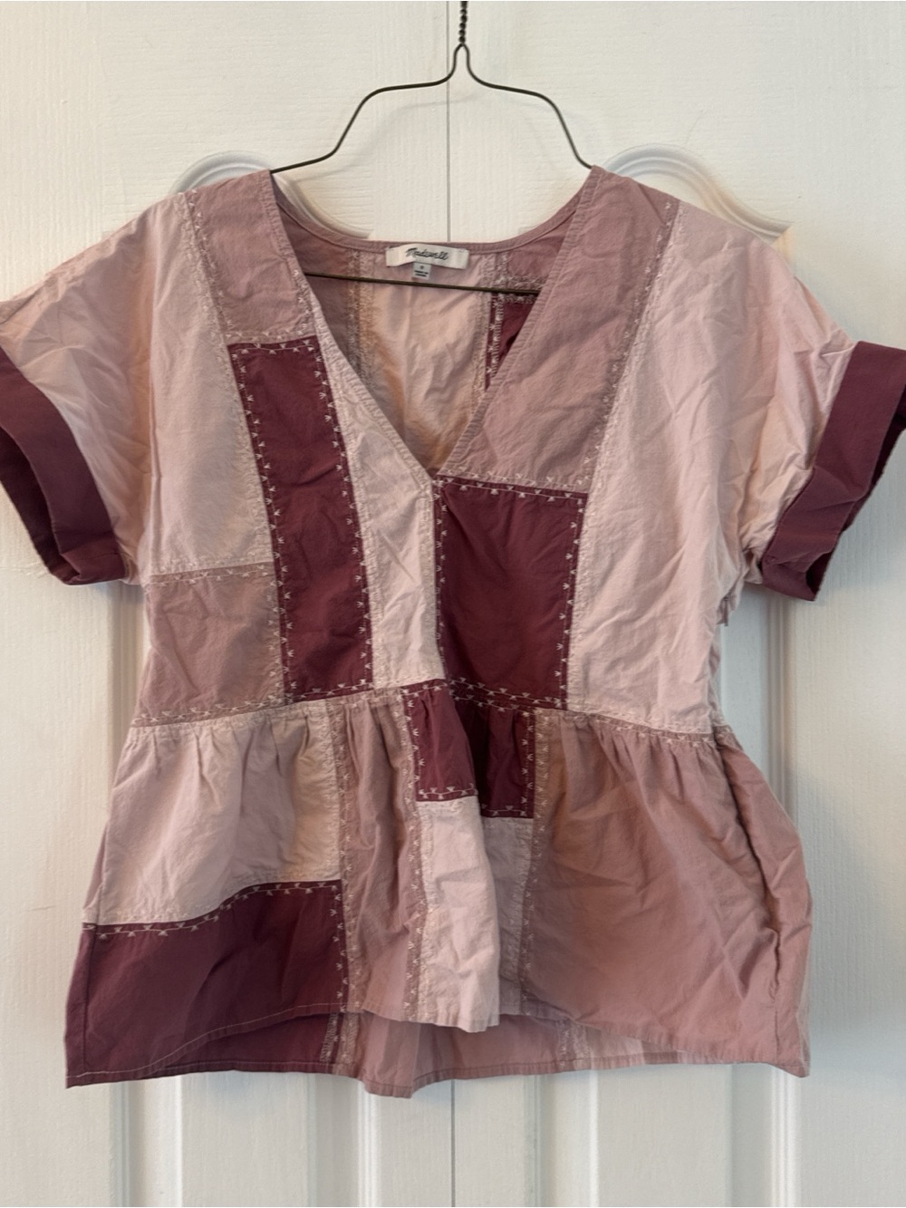 Madewell Patchwork V-Neck Peplum Top - Pink & Mauve